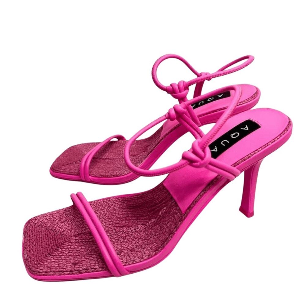 AQUA Sandals Square Toe Pink Raffia Detail Strappy Heels  Size 8.5 NEW‎